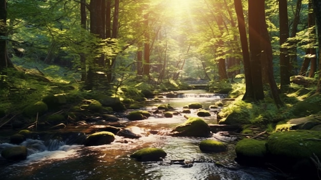 Riacho da floresta iluminado pelo sol cercado por árvores