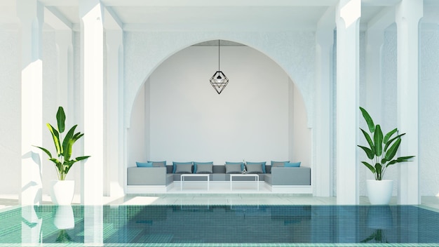 Riad de luxo moderno sala de estar jardim e piscina no pátio, estilo marroquino - renderização 3D