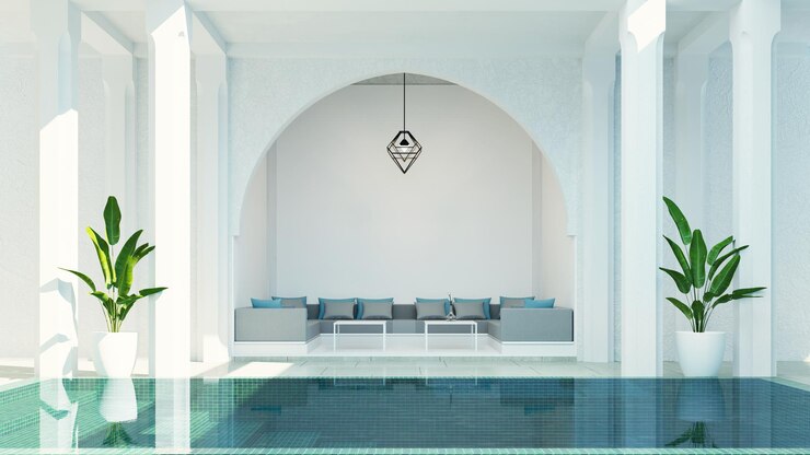 Riad de lujo moderno salón jardín y piscina en el patio, estilo marroquí - 3D Render