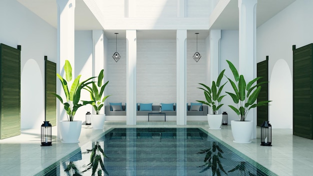 Riad de lujo moderno salón jardín y piscina en el patio, estilo marroquí - 3D Render