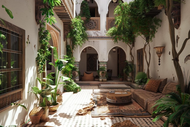 Un riad marroquí tradicional con una guardia en el patio