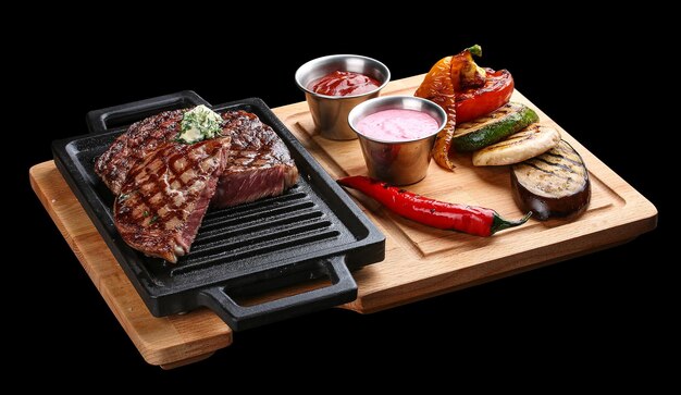 Rib-Eye-Steak auf Holztablett mit gegrilltem Gemüse auf dunklem Hintergrund