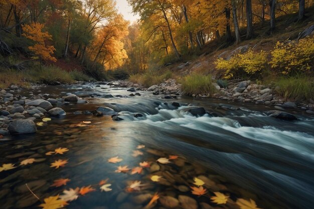 Foto ribera del arroyo con árboles de otoño