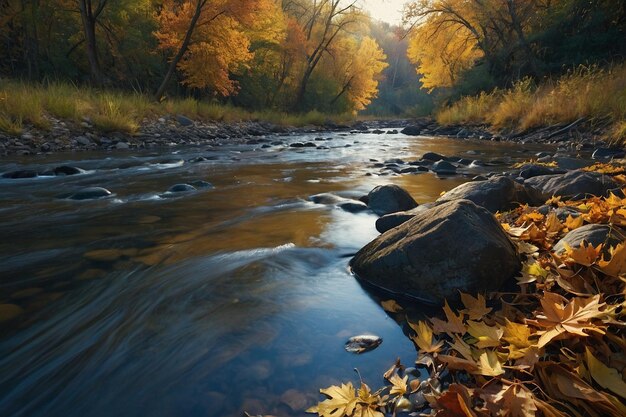 Foto ribera del arroyo con árboles de otoño