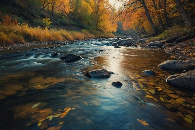 Foto ribera del arroyo con árboles de otoño