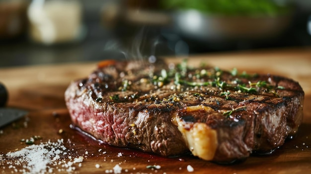 Ribeye-Steak mit Knoblauchbutter gegen eine Küchenplatte