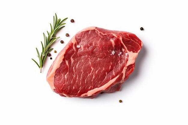 Ribeye Steak Top View Rohes Fleisch mit Gewürzen isoliert auf weißem Hintergrund generativ ai