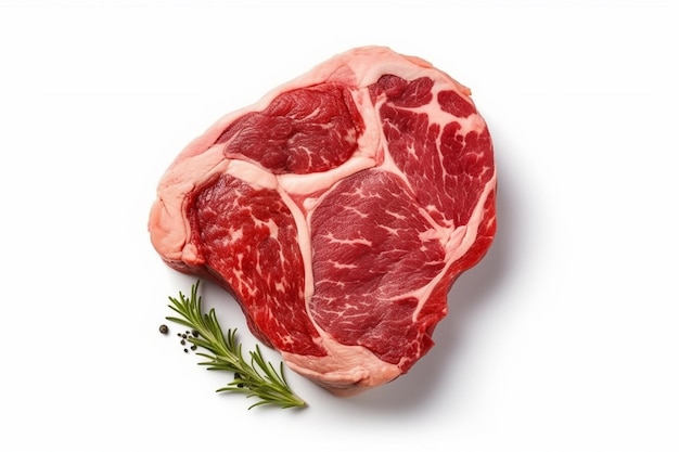 Ribeye Steak Top View Rohes Fleisch mit Gewürzen isoliert auf weißem Hintergrund generativ ai