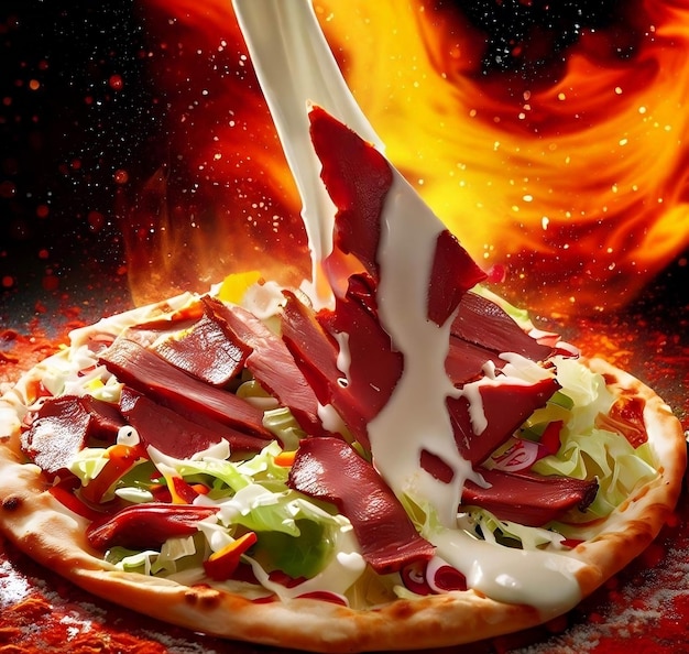 Rica carne de res con queso pizza flotando con fondo de explosión de fuego espumoso