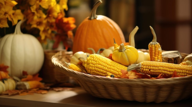 Una rica cosecha de calabazas y maíz en la mesa cerca del campo de la granja en el campo al atardecer