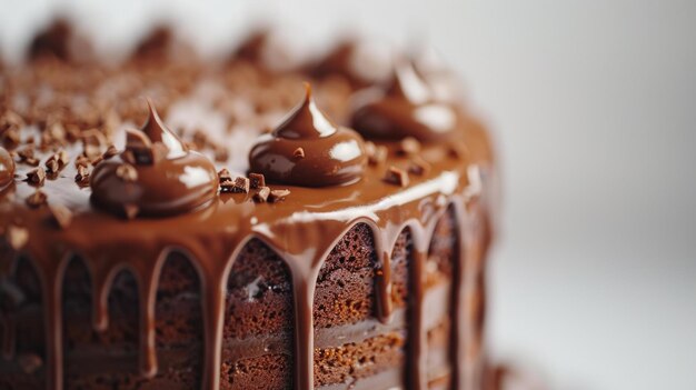 Foto rica ganache de chocolate gotejando do topo de um bolo contrastado em branco o epítome da doce tentação ai generative