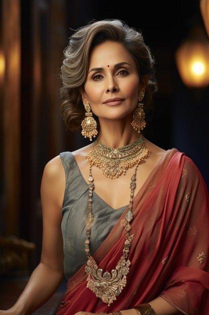Rica y hermosa anciana o reina india con ropa étnica de lujo en un palacio