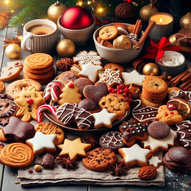 Foto ricas galletas de navidad en mesa com decoracion navidena