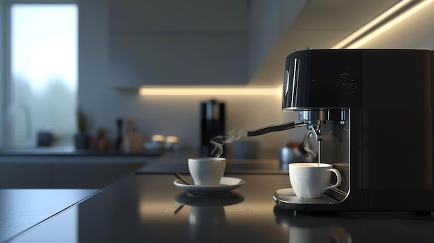 El rico aroma del café recién elaborado llena el aire a medida que el vapor se eleva de las tazas creando una atmósfera cálida y acogedora en la cocina moderna
