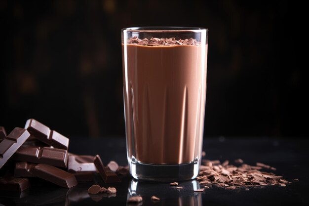 Foto un rico batido de chocolate amargo en un vaso transparente