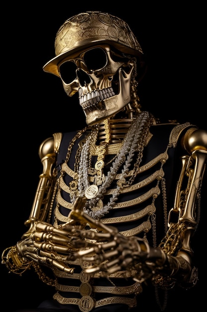 Un rico esqueleto dorado en joyas sobre un fondo negro