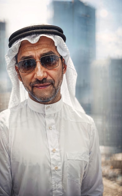 Rico hombre de negocios árabe en traje blanco tradicional en la gran ciudad en el fondo de la IA generativa