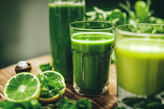 Rico jugo verde de desintoxicación con rodajas de lima fresca