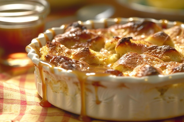 Un rico pudín de pan servido con una generosa gota de salsa de caramelo