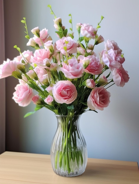 Rico ramo de peonías rosadas y rosas blancas de eustoma, flores, hojas verdes en jarrón de vidrio, IA generativa