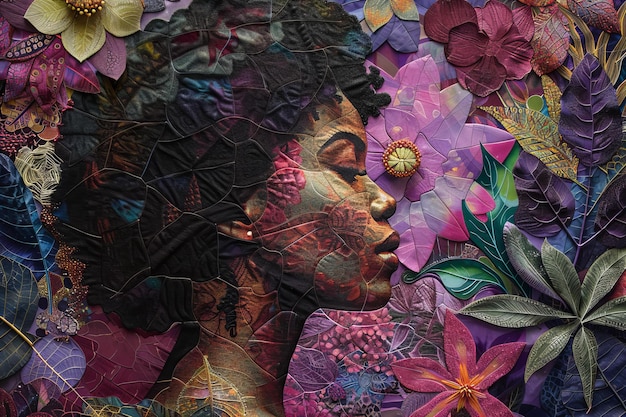En un rico tapiz de rosas y violetas el perfil de una mujer está delicadamente representado dentro de un mandala