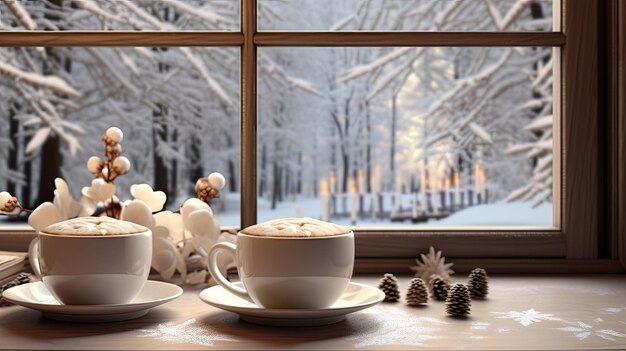 Foto los ricos colores del café en una taza de vidrio transparente colocada cerca de una ventana cubierta de hielo el alféizar de la ventana con ramas de pino y cintas rojas para mejorar la atmósfera navideña