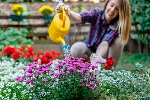 Riego de flores secas con una regadera amarilla