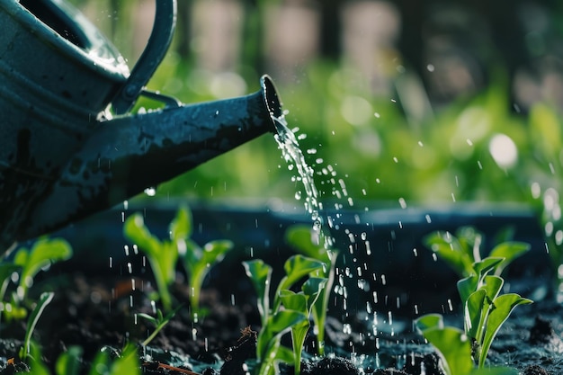 Riego de las plantas desde un riego de hierro en el jardín Cosecha de árboles de cultivo