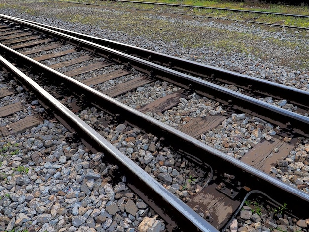 Rieles y traviesas ferrocarril y piedras perspectiva del tráfico ferroviario rieles metálicos con hormigón