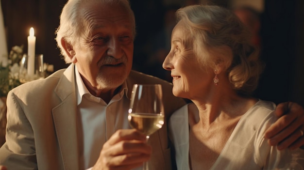 Riendo y disfrutando del vino o el champán mientras celebran su boda una feliz pareja de ancianos La IA generativa