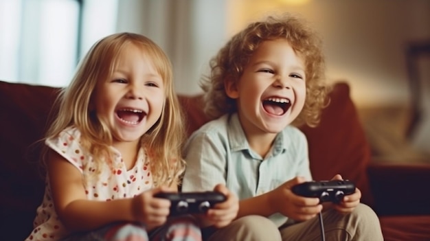 Riendo y jugando juegos en una consola mientras están sentados en un sofá en casa, una linda niña y un niño están usando IA generativa