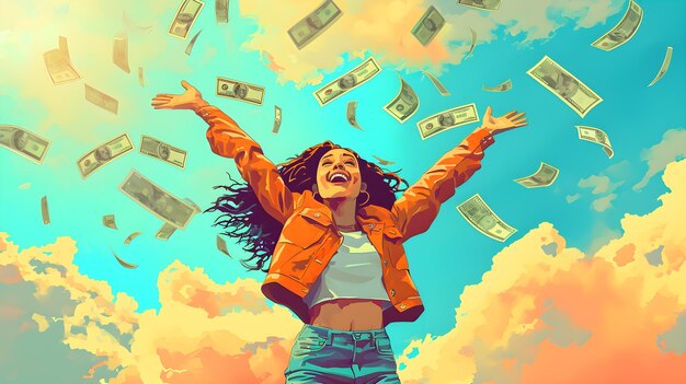 Foto riendo prosperidad mujer celebrando el éxito financiero con dinero ducha sueños materializados mujer