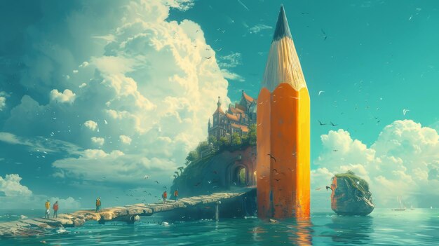 Riesen Bleistifte bauen Brücken zwischen schwimmenden Ideeninseln