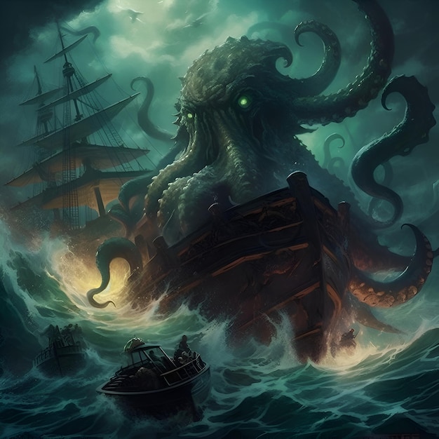 Riesen Oktopus im dunklen stürmischen Meer Fantasie-Illustration