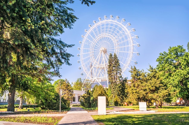 Riesenrad Sonne von Moskau bei VDNKh und lila Moskau