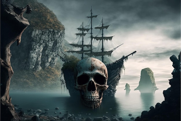 Riesenschädel auf Geisterpiratenschiff, Insel im Hintergrund. Generative KI