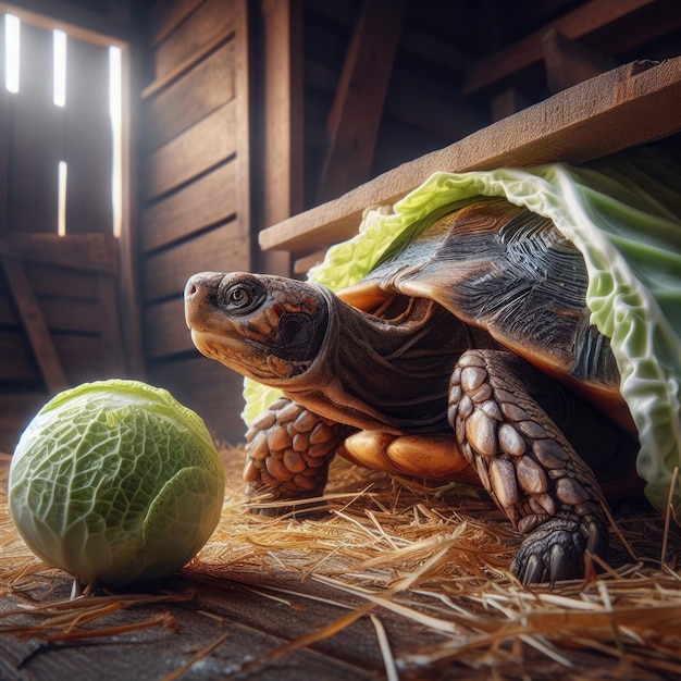 Riesenschildkröte und grüner Kohl