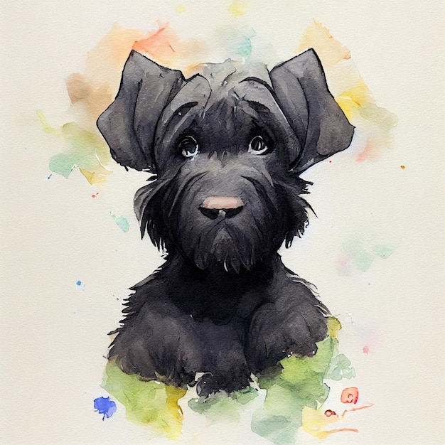 Riesenschnauzer. Entzückender Hündchen. Aquarellillustration mit Farbflecken. Alle Hunderassen