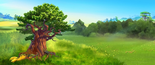 Riesige Eiche in einer Waldlichtung an einem Sommertag Digital Painting Background Illustration