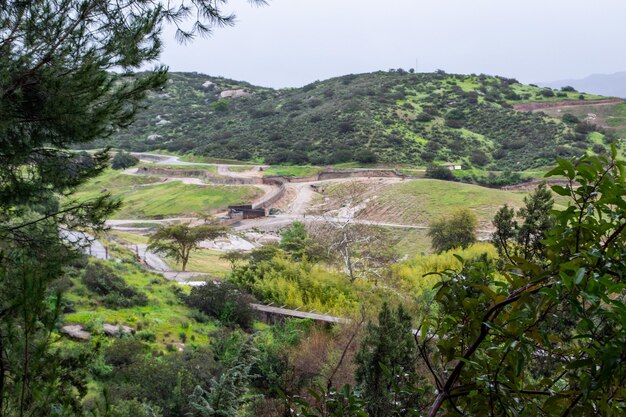 Riesige grüne Landschaft, Bäume, Berge, bewölkter Regen