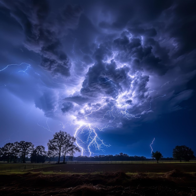 Riesige Sturmwolken sammeln sich über ländlichen Ackerland und Blitze schlagen den Boden