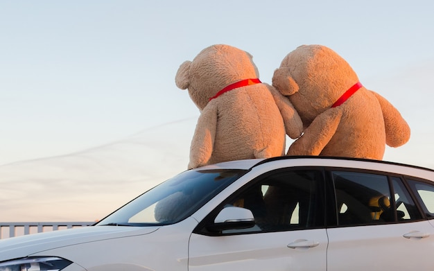 Riesige Teddybären mit roten Bändern sitzen oben auf der Motorhaube im Freien.