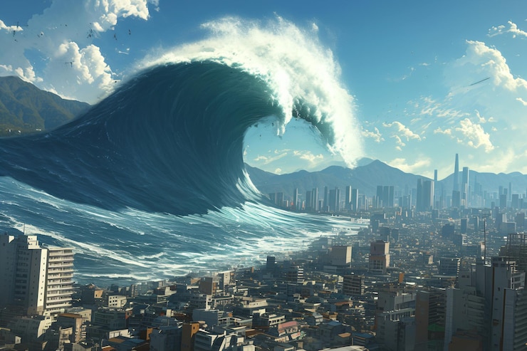 Foto riesige tsunamiwelle zerstört moderne städte große erdbeben wirkung der globalen erwärmung