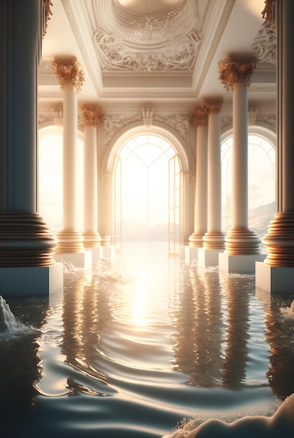 Riesige weiße Säulenhalle mit Wasser überflutet
