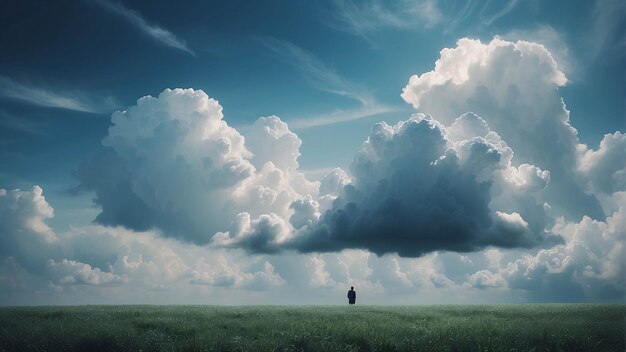 Riesige Wolke am blauen Himmel auf der fernen Stadt oder dem Berg mit Graslandschaft im Hintergrund