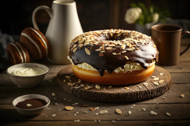 Riesiger Donut gefüllt mit Vanillecreme und überzogen mit Schokoladensauce