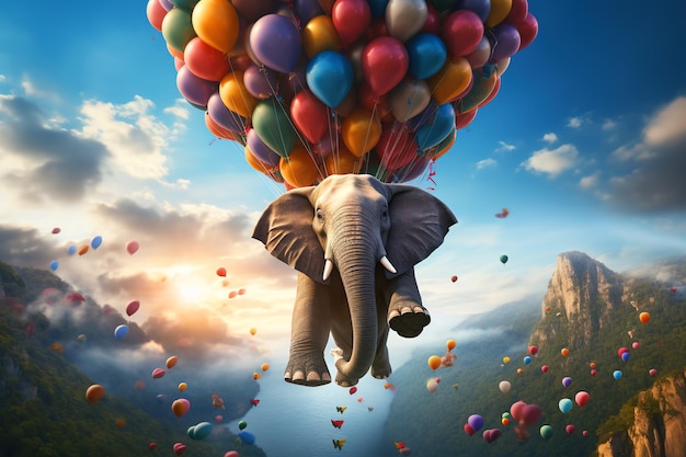 Riesiger Elefant, der mit einem Luftballon schwimmt oder fliegt, mit Himmel und Wolken im Hintergrund