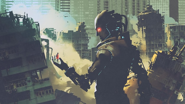 Riesiger futuristischer Roboter, der eine Frau auf der Hand in einer apokalyptischen Stadt ansieht, digitaler Kunststil, Illustrationsmalerei