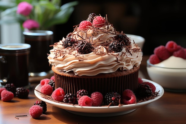 Riesiger Himbeer-Cupcake auf künstlerischer kulinarischer Szene generativ IA