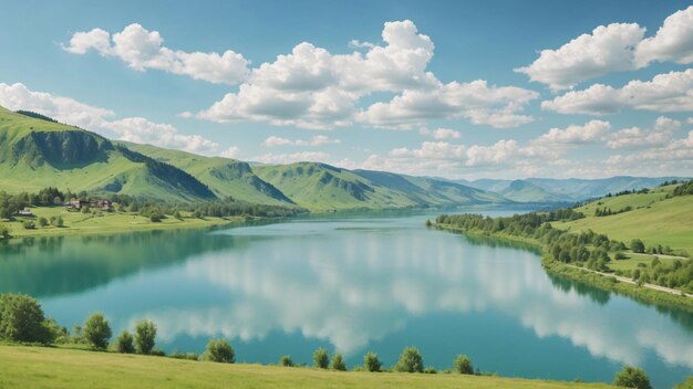 Riesiger klarer See, umgeben von Hügeln und Wäldern